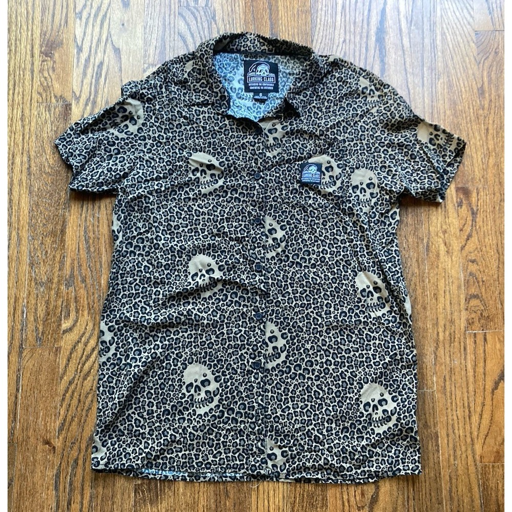 Lurking Class Shirt Womens Small Button Up Leopard Print Gothic Skulls